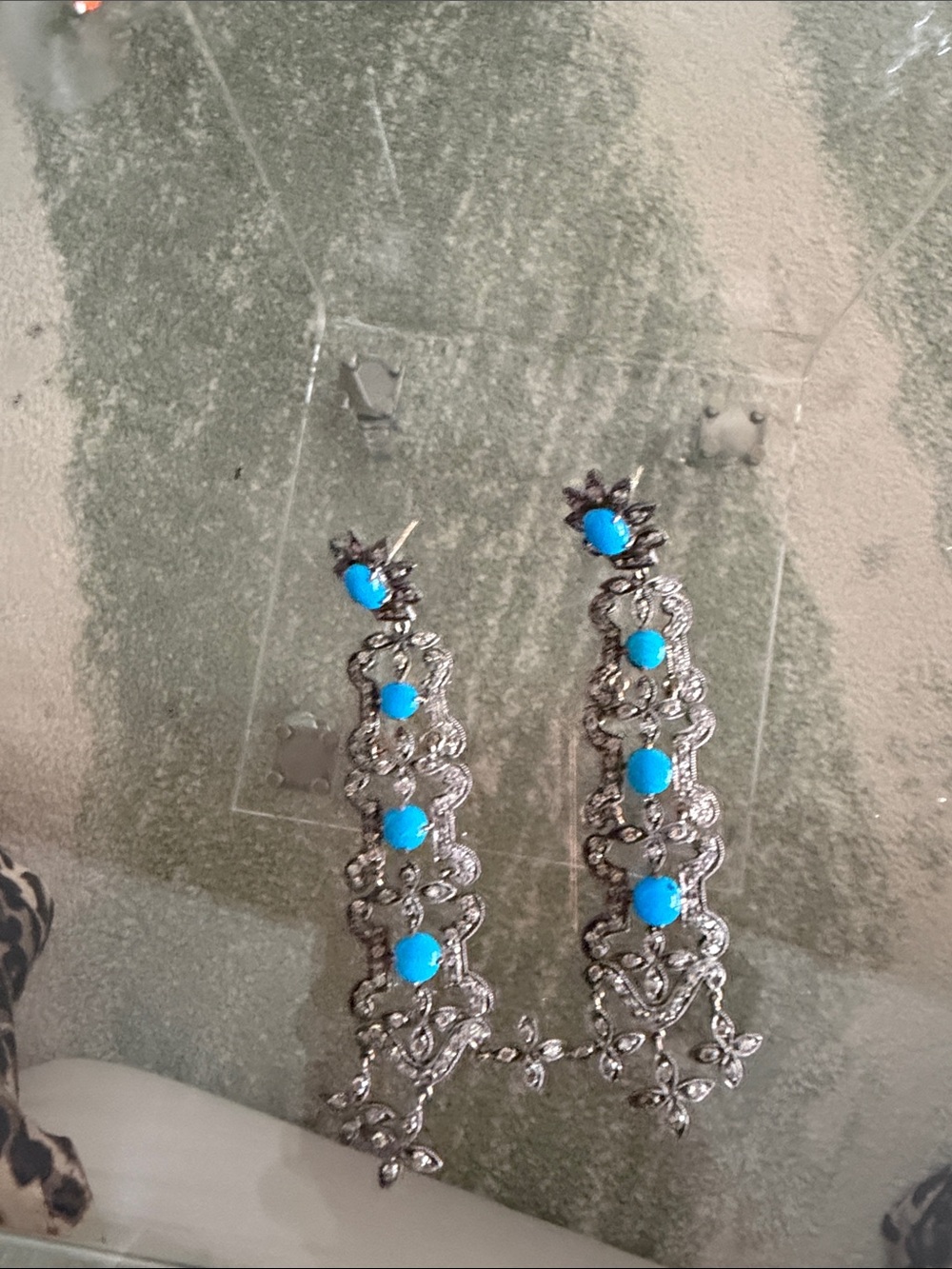 Silver Filigree Drop Earrings with Turquoise Accents